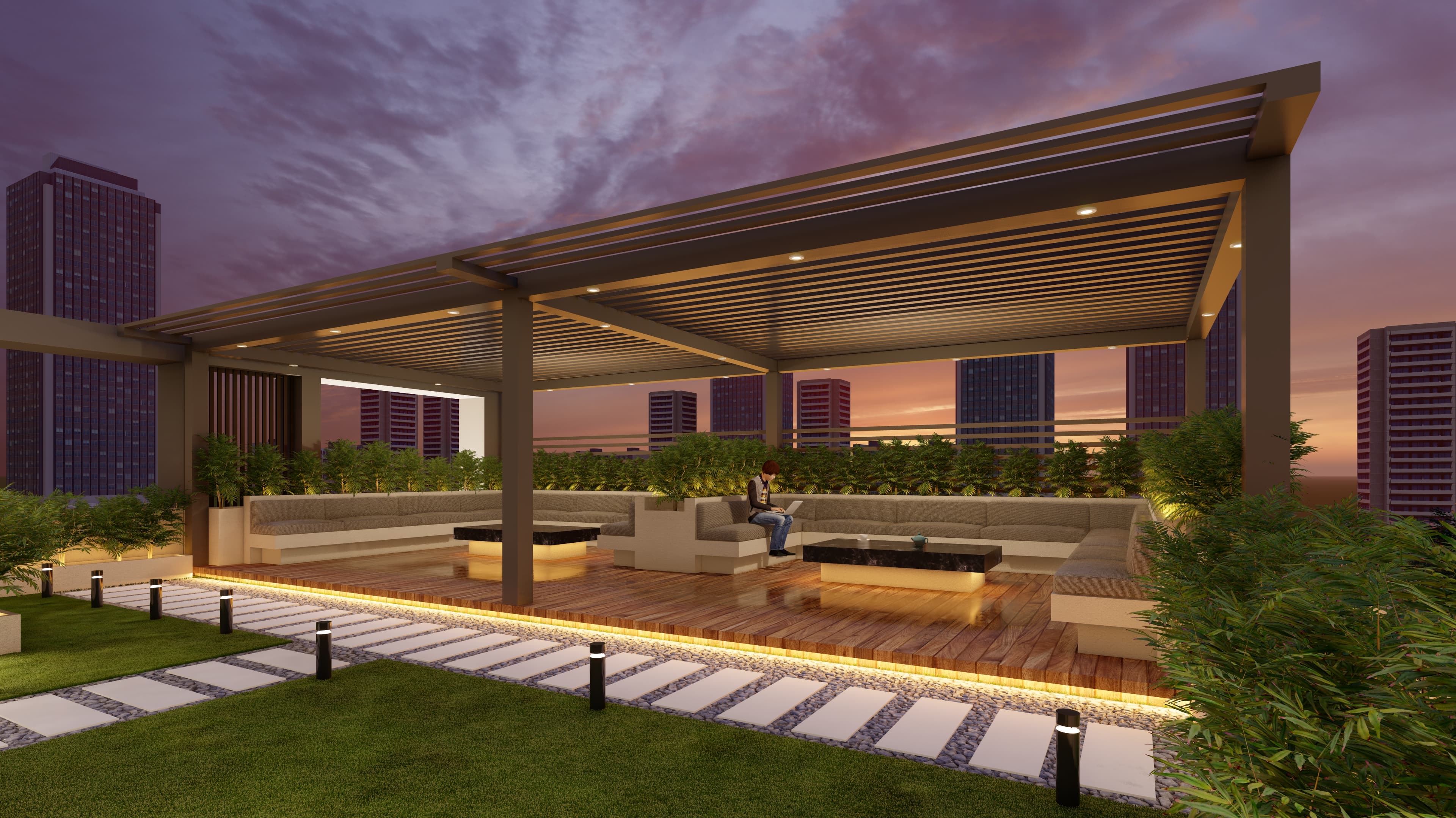 Pergola seating deck at dusk