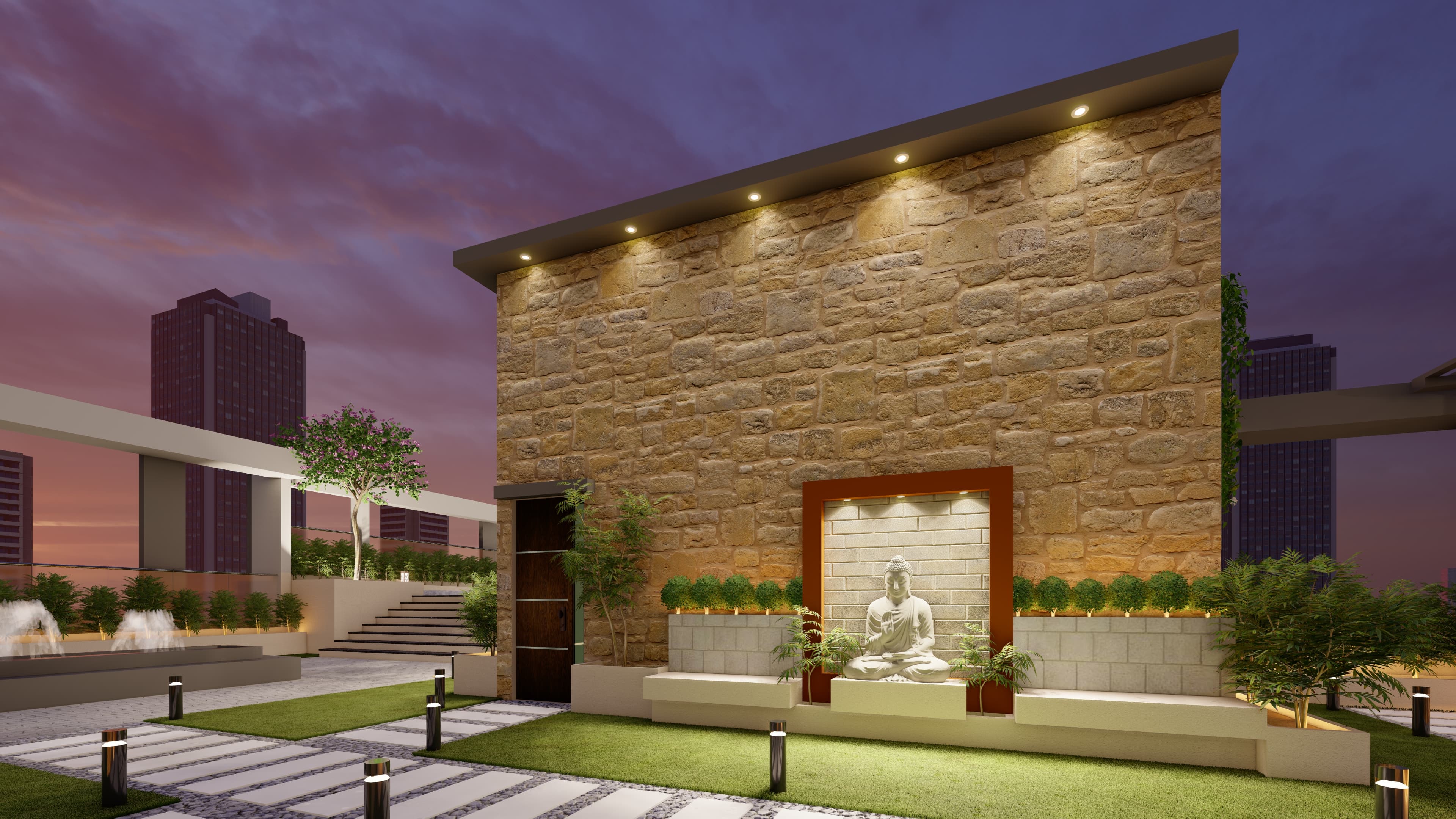 Rooftop zen terrace with Buddha niche