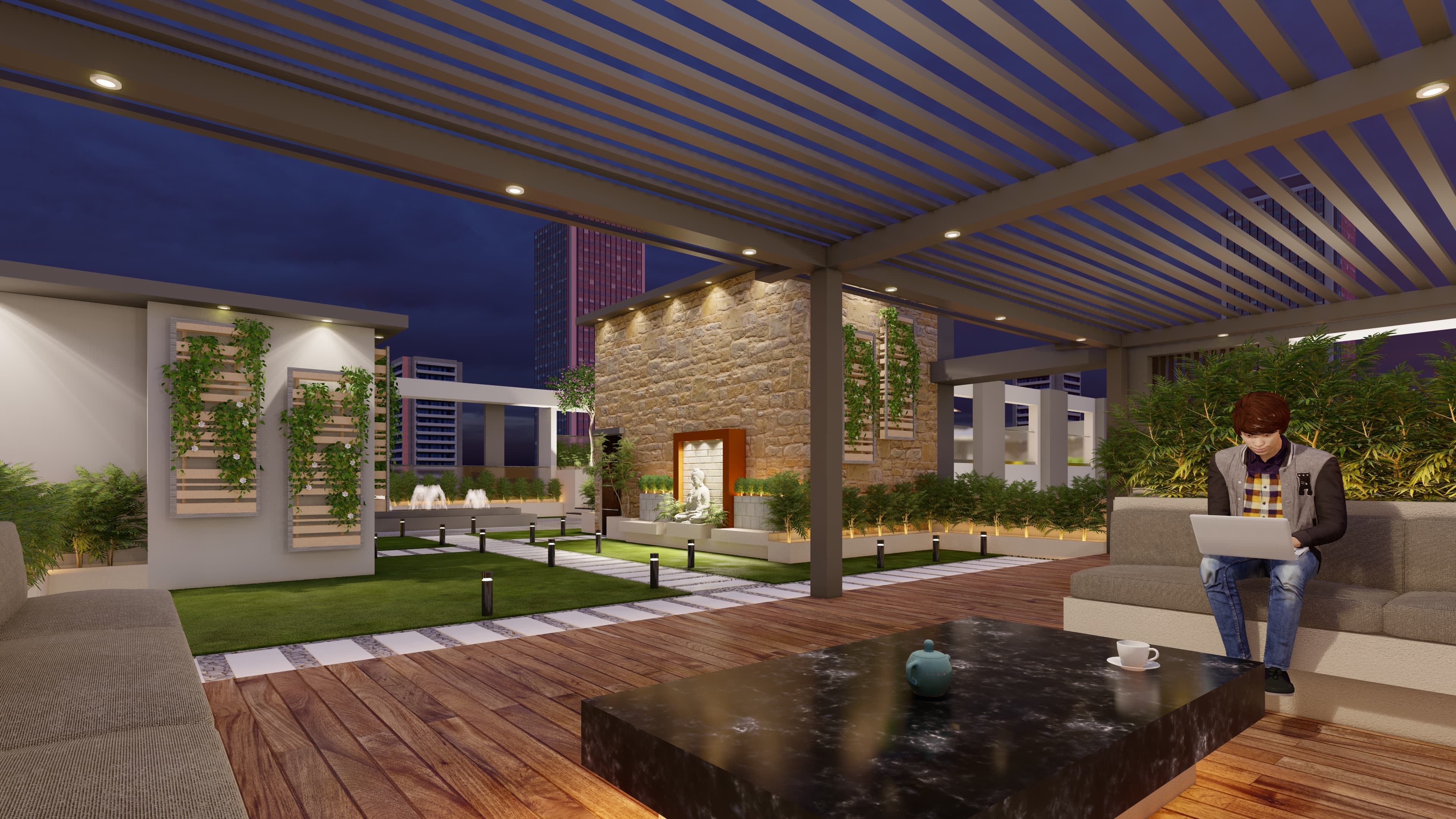 Evening rooftop lounge seating